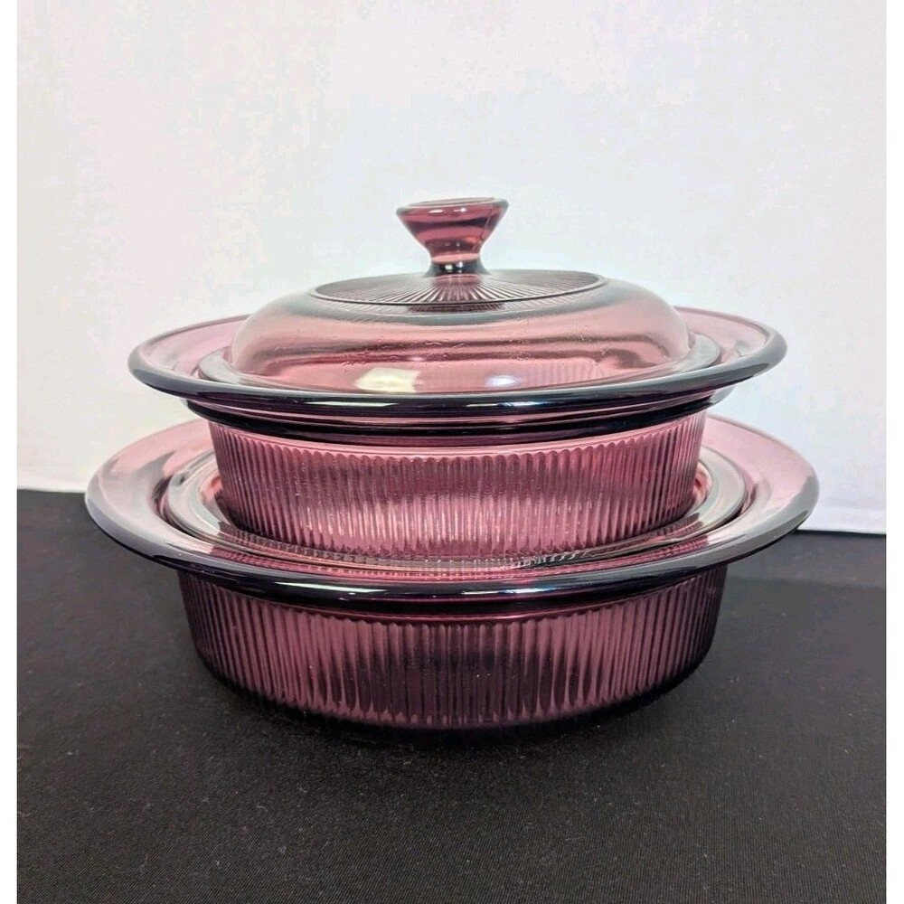 2 PYREX Casserole Dishes With Lids Cranberry Corning Vision V-30-B 24Oz Ribbed